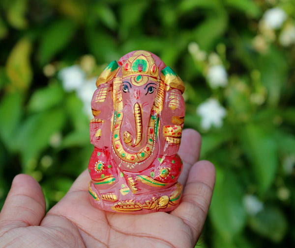 Natural Rose Quartz Hand Carved Lord Ganesh