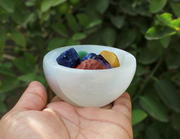 Selenite Bowl with 7 Chakra Raw Stones