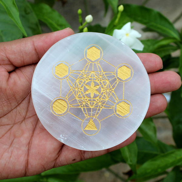 Natural Selenite Charging Platonic Geometry Engraved Disc / Plate