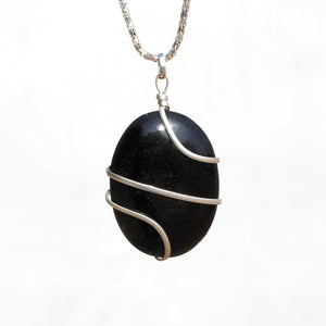 Natural Black Tourmaline Oval Wire Wrapped Pendant