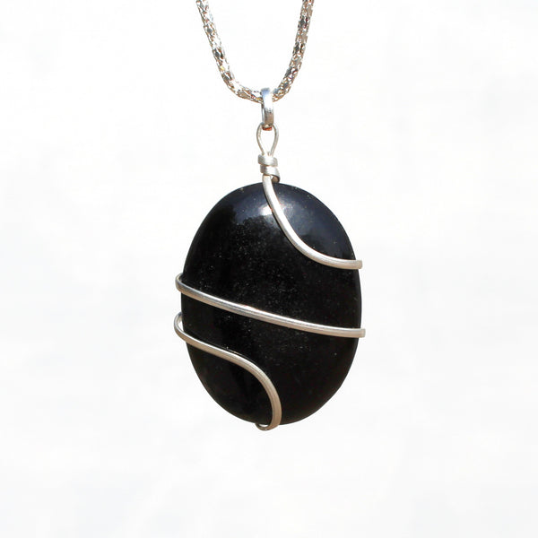 Natural Black Tourmaline Oval Wire Wrapped Pendant