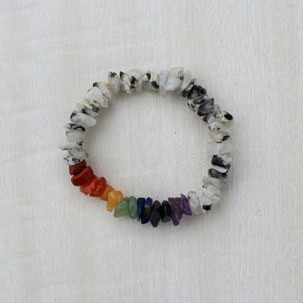 White Rainbow Moonstone and Chakra Chip Stretchable Bracelet