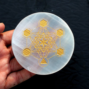 Natural Selenite Charging Platonic Geometry Engraved Disc / Plate