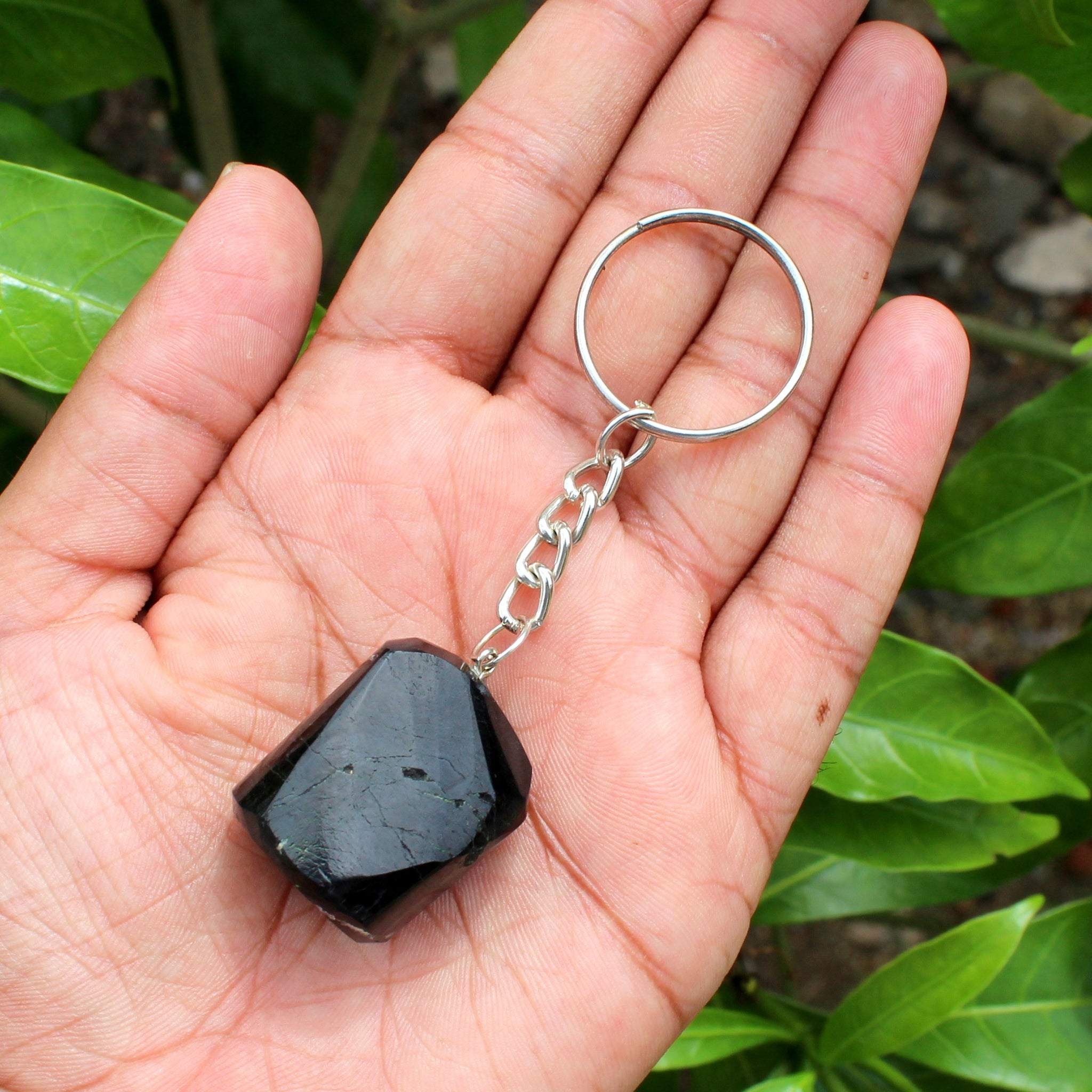 Natural Black Tourmaline Tumble Stone Key Ring