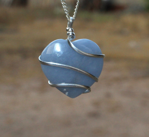 Natural Angelite Heart Wire Wrapped Pendant