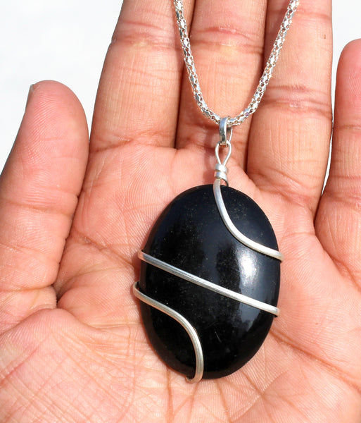 Natural Black Tourmaline Oval Wire Wrapped Pendant