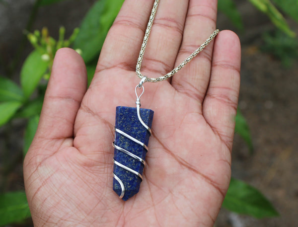 Natural Lapis Lazuli Wire Wrapped Flat Pendant