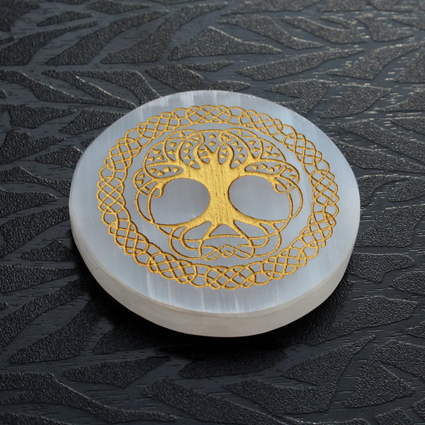 Tree of Life Engraved Selenite Charging Disc / Plate / Round Slice