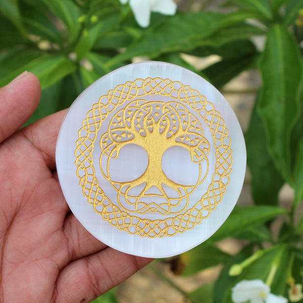 Tree of Life Engraved Selenite Charging Disc / Plate / Round Slice