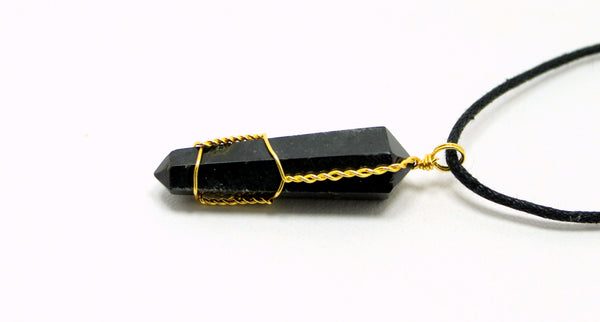 Natural Black Tourmaline Golden Wire Wrapped Pendant