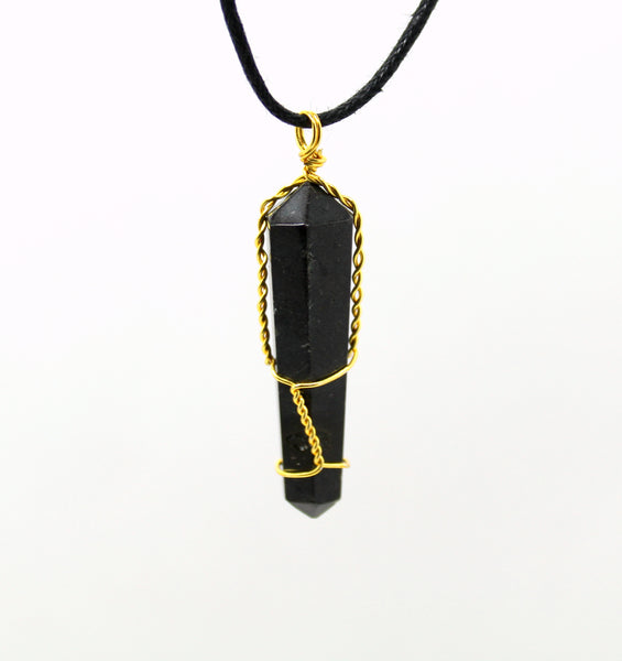 Natural Black Tourmaline Golden Wire Wrapped Pendant