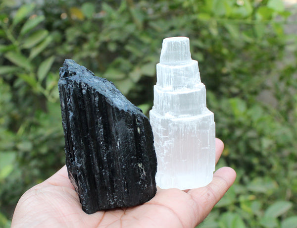 Selenite Tower and Black Tourmaline Raw Stone