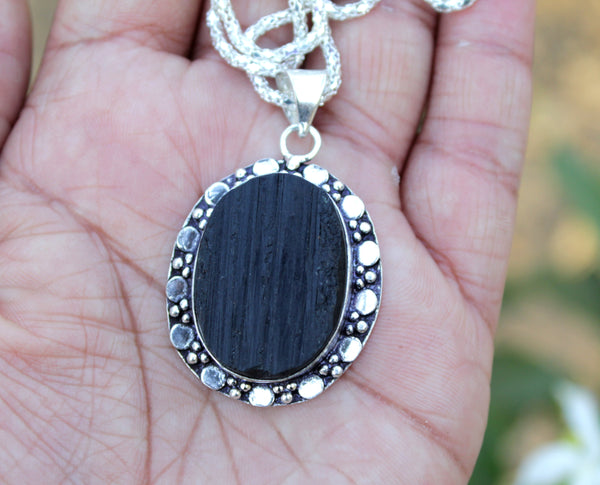 Natural Black Tourmaline Raw Oval Pendant