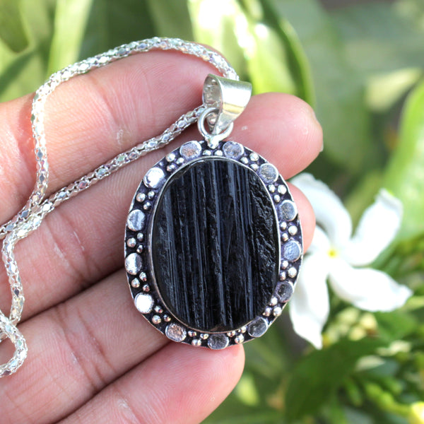 Natural Black Tourmaline Raw Oval Pendant