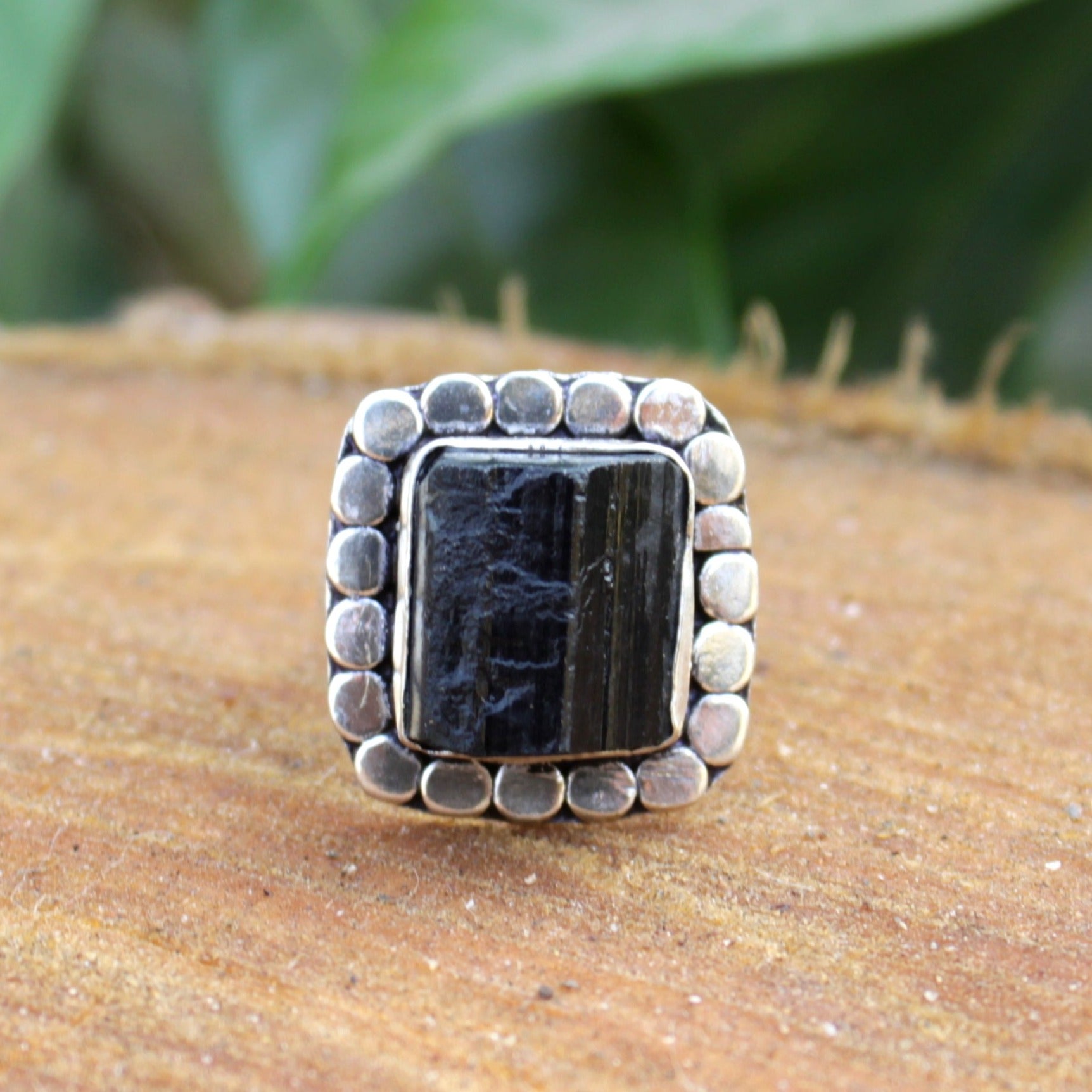 Natural Raw Black Tourmaline Adjustable Ring