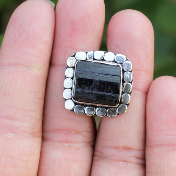 Natural Raw Black Tourmaline Adjustable Ring