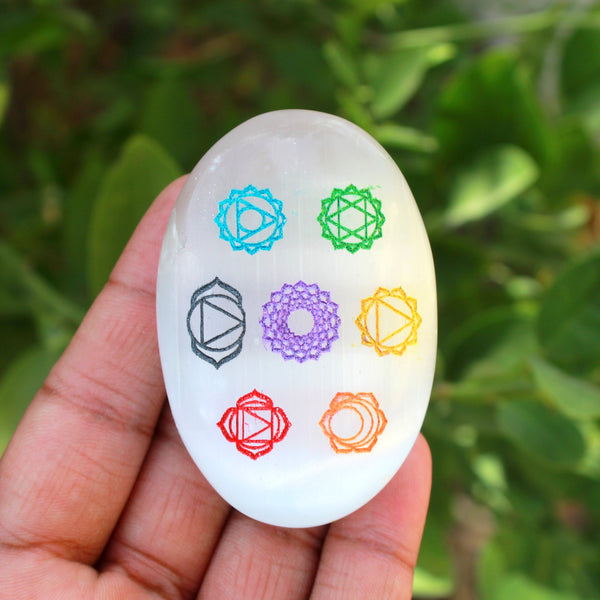 Natural Selenite 7 Chakra Symbol Engraved Palm Stone