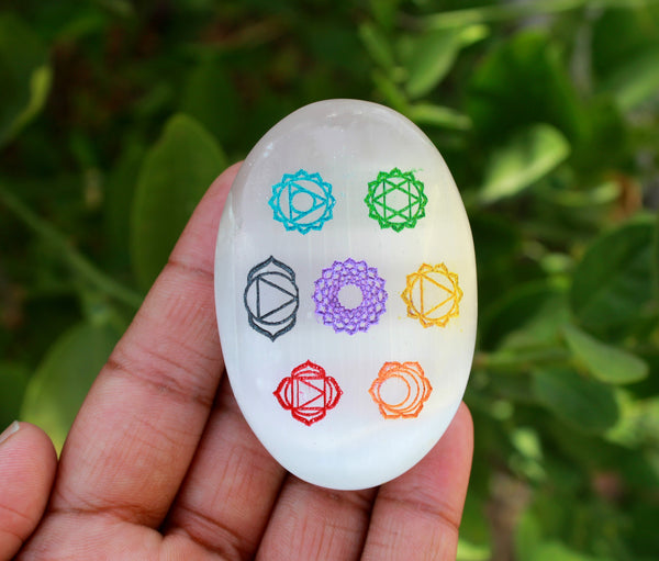 Natural Selenite 7 Chakra Symbol Engraved Palm Stone