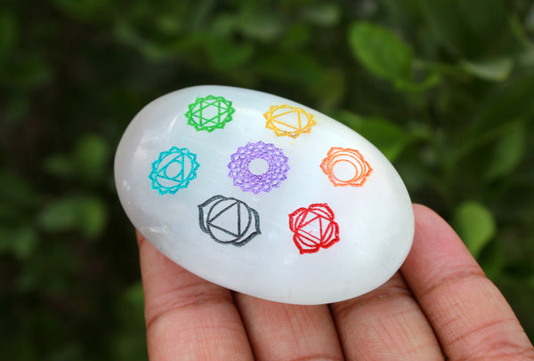 Natural Selenite 7 Chakra Symbol Engraved Palm Stone