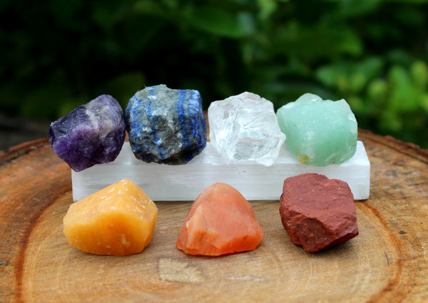 Natural Chakra Raw Stones with Selenite Bar