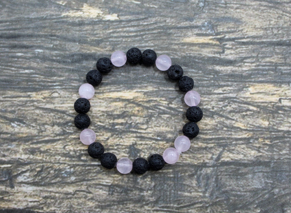 Natural Rose Quartz and Lava Rock Bead Bracelet