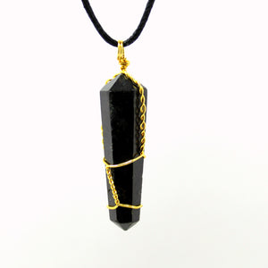 Natural Black Tourmaline Golden Wire Wrapped Pendant