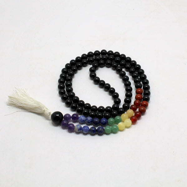 Natural Black Tourmaline  and Chakra 108 Beads Japa Mala